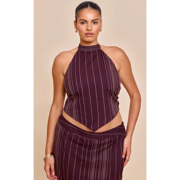 Plus Brown Stripe Embroidered Halterneck Top