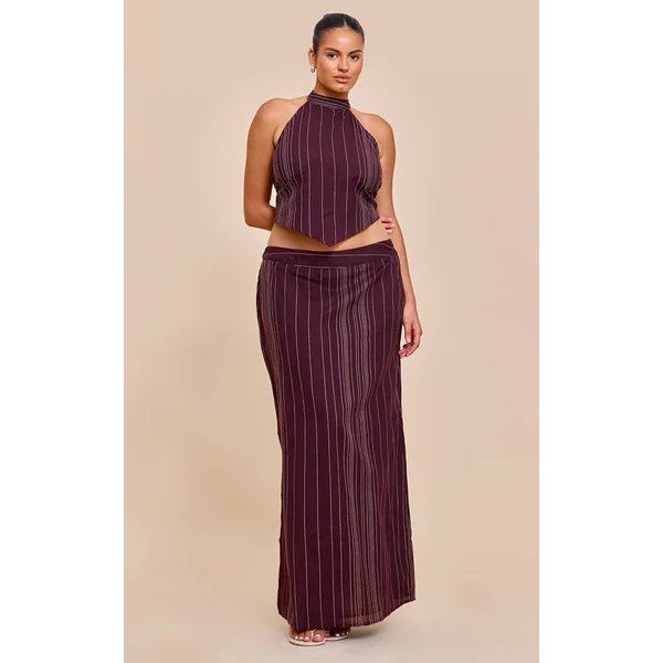 Plus Brown Stripe Embroidered Maxi Skirt
