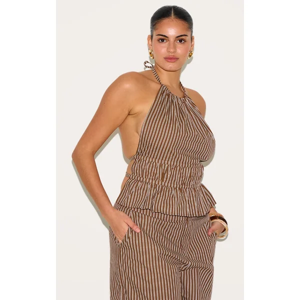 Plus Brown Stripe Ruched Backless Halterneck Woven Top