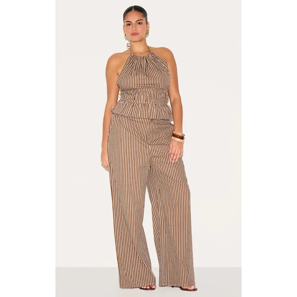 Plus Brown Stripe Woven Mid Rise Wide Leg Pant