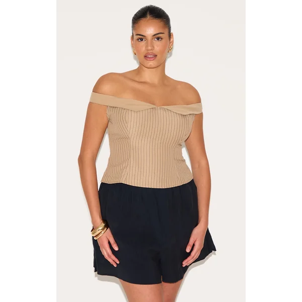 Plus Brown Striped Peach Skin Bardot Long Top