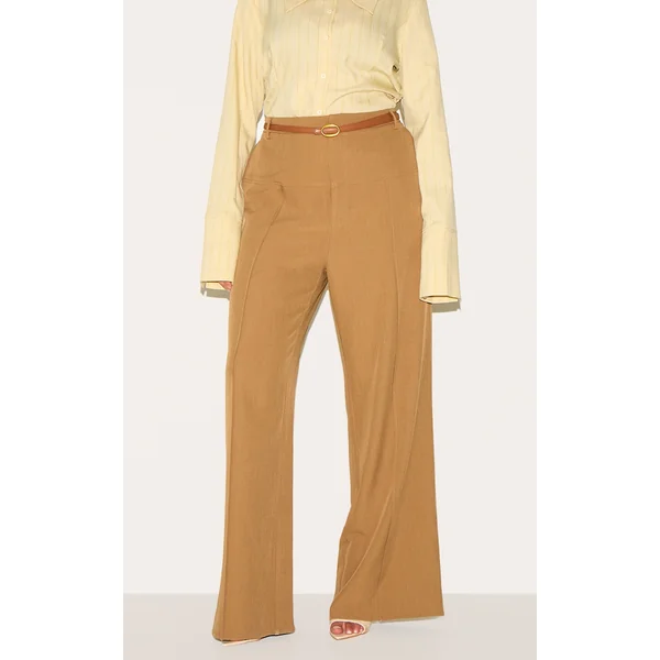 Plus Brown Tailored Thick Belted Waistband Detail Wide Leg Pants