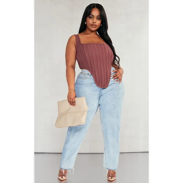 Plus Brown Textured Boned Corset Top