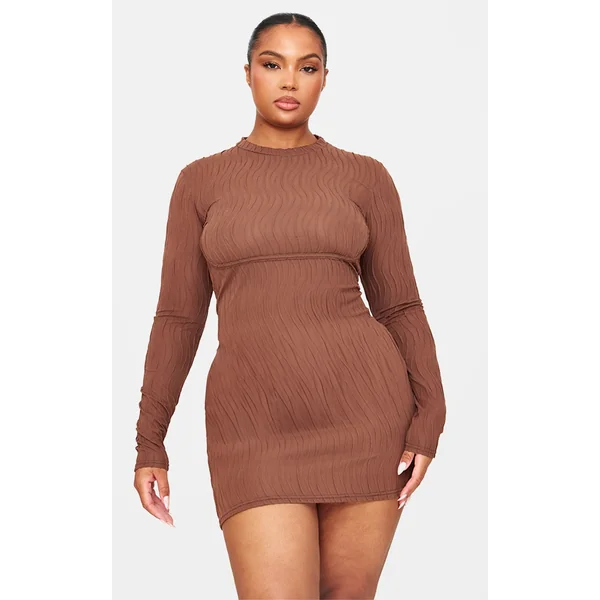 Plus Brown Textured Long Sleeve Bust Seam Detail Mini Dress