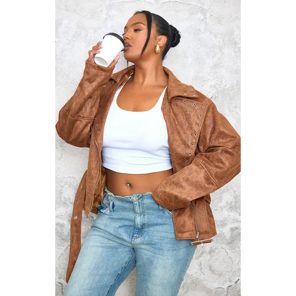 Plus Brown Washed Faux Leather Hardware Detail Belted Jacket