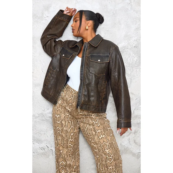 Plus Brown Washed Faux Leather Pocket Detail Bomber Jacket