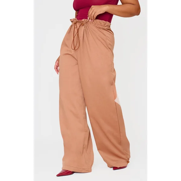 Plus Brown Woven Drawstring Waistband Straight Leg Pants
