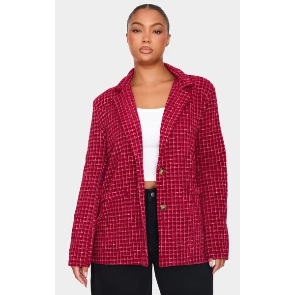 Plus Burgundy Boucle Check Blazer