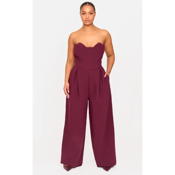 Plus Burgundy Corset Bust Detail Wide Leg Tailored Jumpsuit
