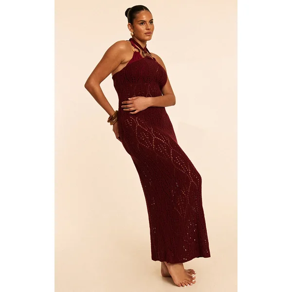 Plus Burgundy Crochet Maxi Halter Neck Beach Dress