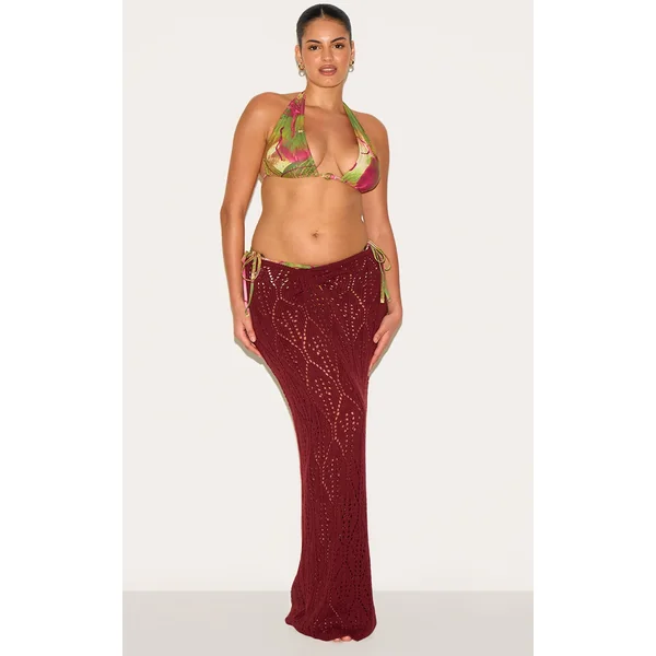 Plus Burgundy Crochet Maxi Knot Detail Beach Skirt