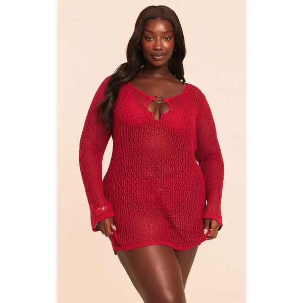 Plus Burgundy Crochet O Ring Mini Beach Dress