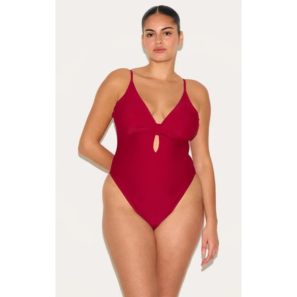 Plus Burgundy Knot Front Cut Out Swimsuit