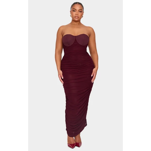 Plus Burgundy Mesh Ruched Cup Detail Maxi Dress