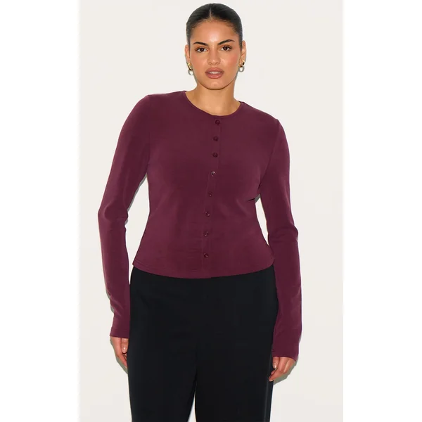 Plus Burgundy Modal Button Detail Long Sleeve Top