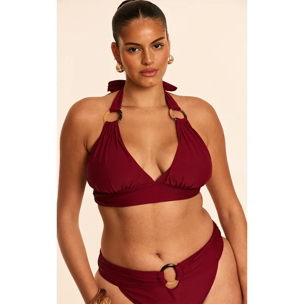 Plus Burgundy O Ring Detail Ruched Triangle Bikini Top