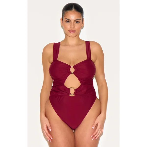 Plus Burgundy O Ring Ruched Cut Out Swimsuit