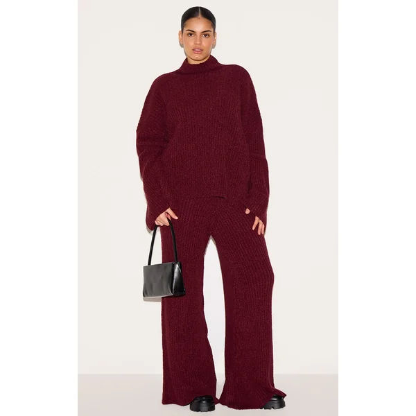 Plus Burgundy Rib Boucle Knit Wide Leg Pants