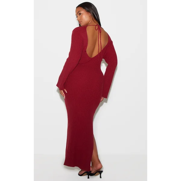Plus Burgundy Rib Knit Low Back Long Sleeve Maxi Dress