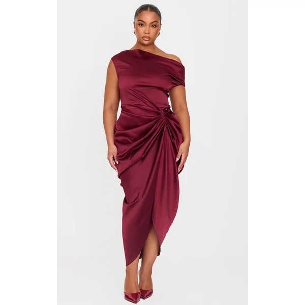 Plus Burgundy Satin Off The Shoulder Draped Skirt Midi Dress