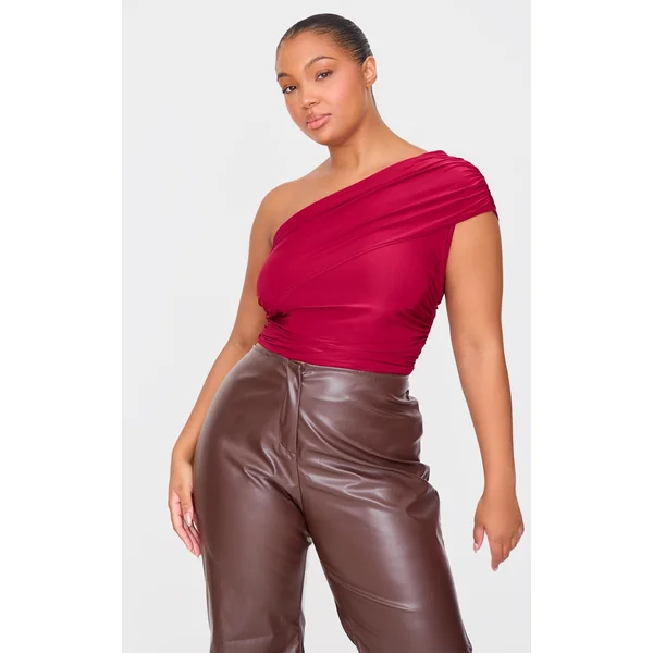 Plus Burgundy Slinky Overlay One Shoulder Top
