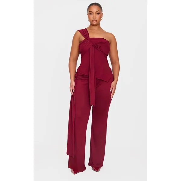 Plus Burgundy Soft Touch Tie Detail Flared Pants