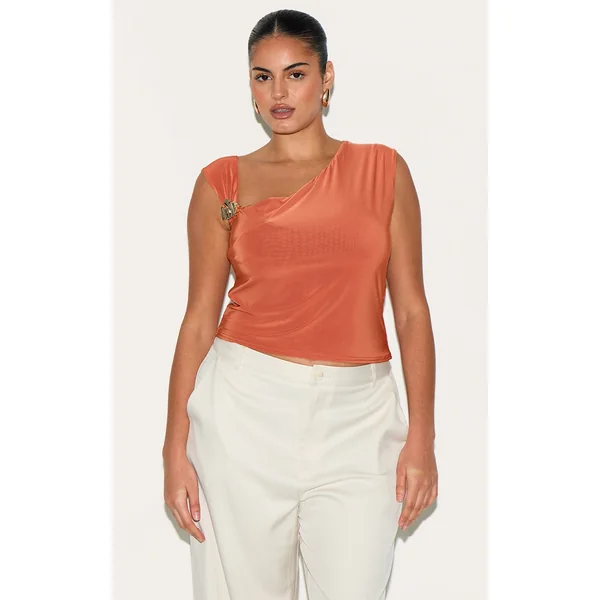Plus Burnt Orange Double Layer Slinky Trim Detail Asymmetric Top