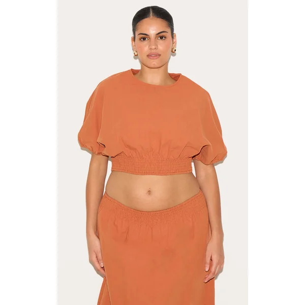 Plus Burnt Orange Sheered Waist Cap Sleeve Crop Top