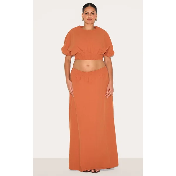 Plus Burnt Orange Shirred Waist Low Rise Maxi Skirt