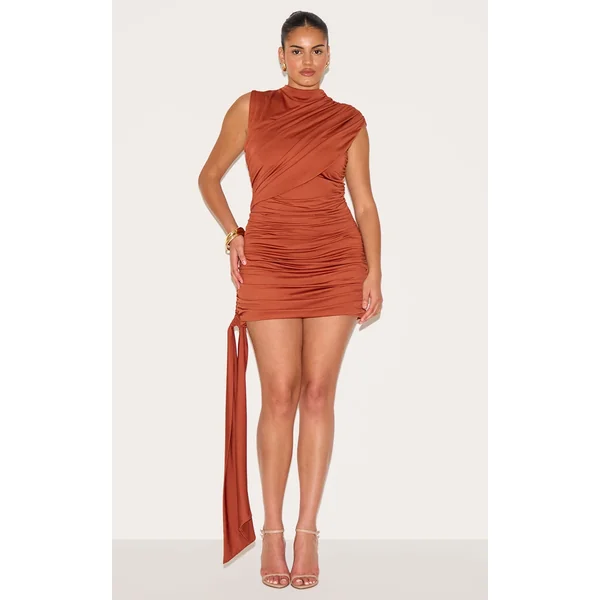 Plus Burnt Orange Slinky Drape Detail Ruched Bodycon Dress