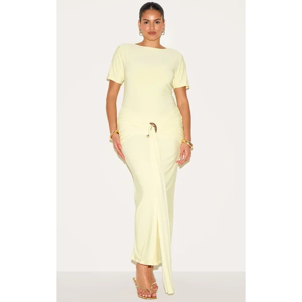 Plus Butter Yellow Boat Neck Wrap Waist Detail Maxi Dress
