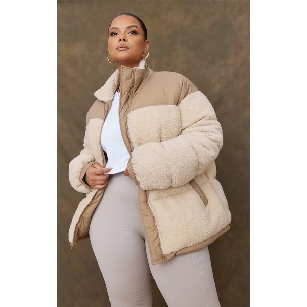 Plus Camel Borg Contrast Panelled Puffer Coat