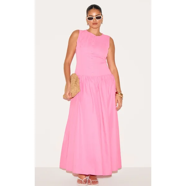 Plus Candy Pink Button Down Drop Waist Maxi Dress