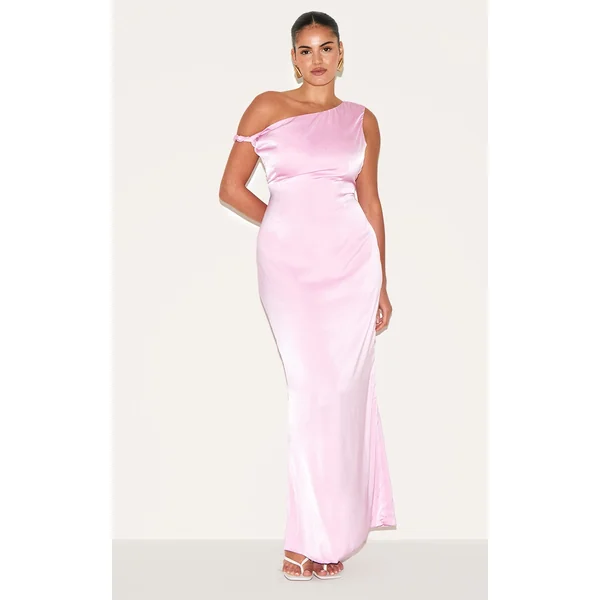 Plus Candy Pink Satin Asymmetric Bardot Twist Maxi Dress