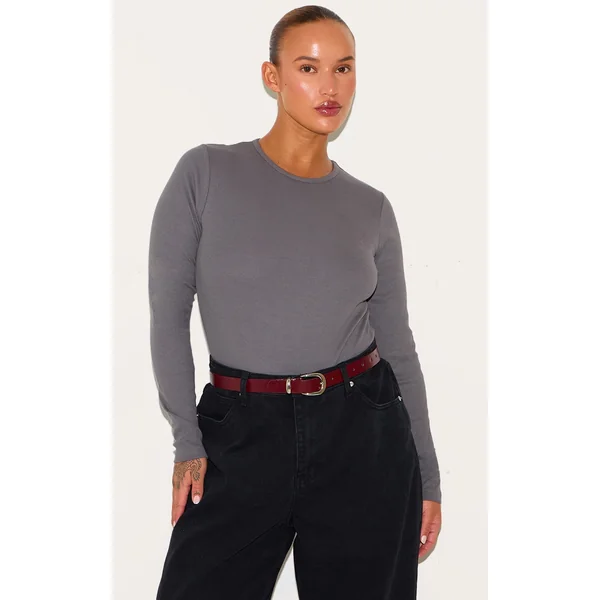 Plus Charcoal Grey Basic Rib Long Sleeve Bodysuit