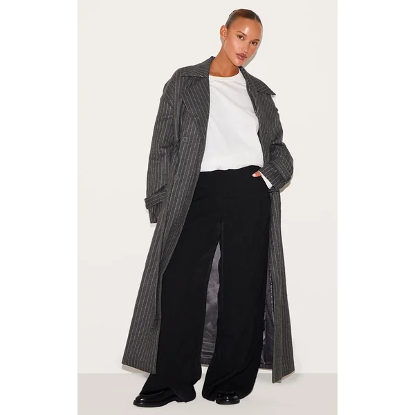Plus Charcoal Pinstripe Wool Look Double Breasted Belted Coat