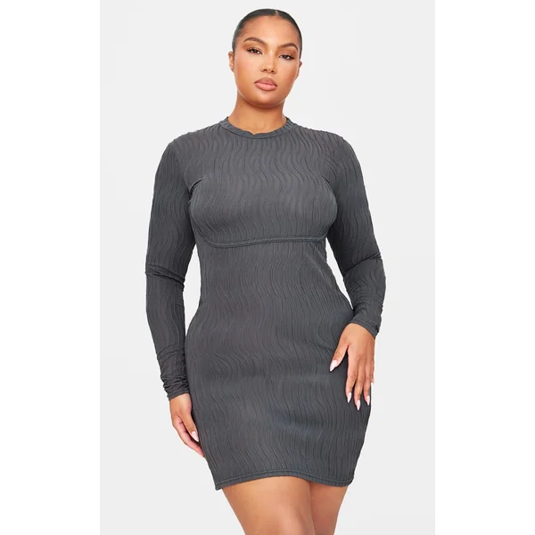 Plus Charcoal Textured Long Sleeve Bust Seam Detail Mini Dress