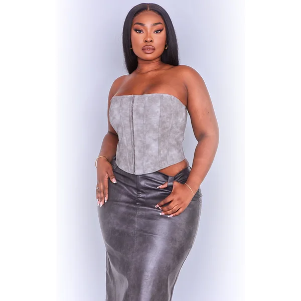 Plus Charcoal Washed Faux Leather Hook And Eye Structured Corset