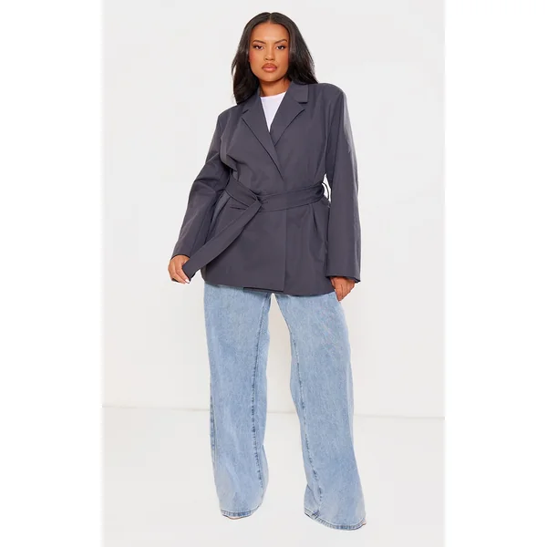 Plus Charcoal Wide Belted Waist Blazer