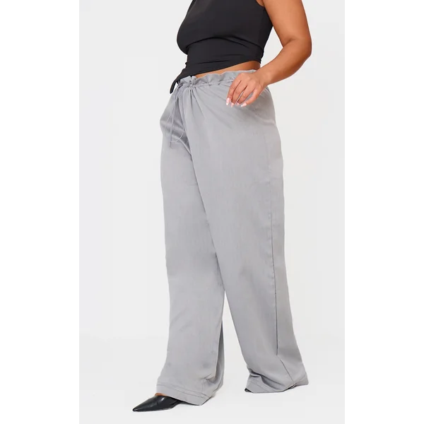 Plus Charcoal Woven Drawstring Waistband Straight Leg Pants