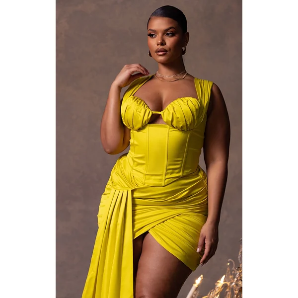 Plus Chartreuse Constructed Satin Ruched Bust Corset