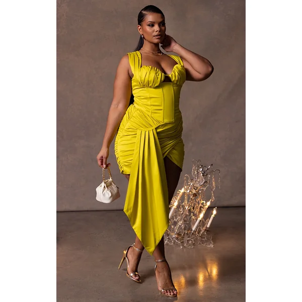 Plus Chartreuse Constructed Satin Ruched Drape Bodycon Skirt