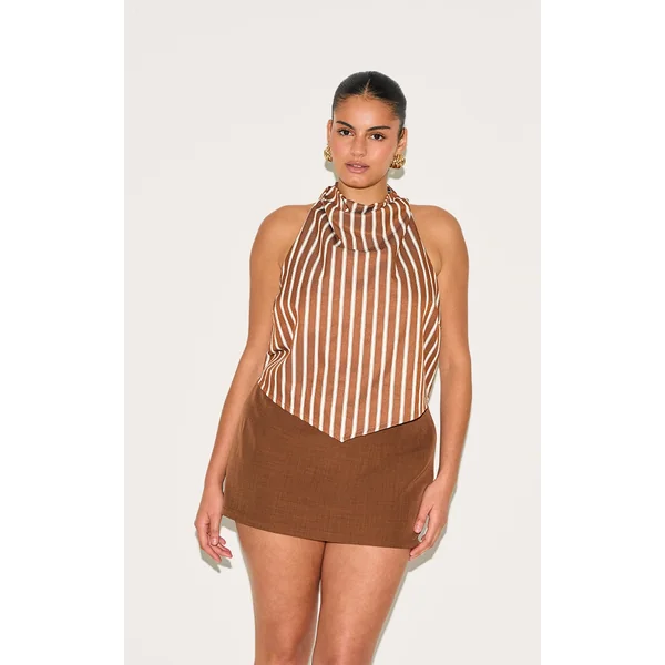 Plus Chestnut Cotton Look Striped Halterneck Top