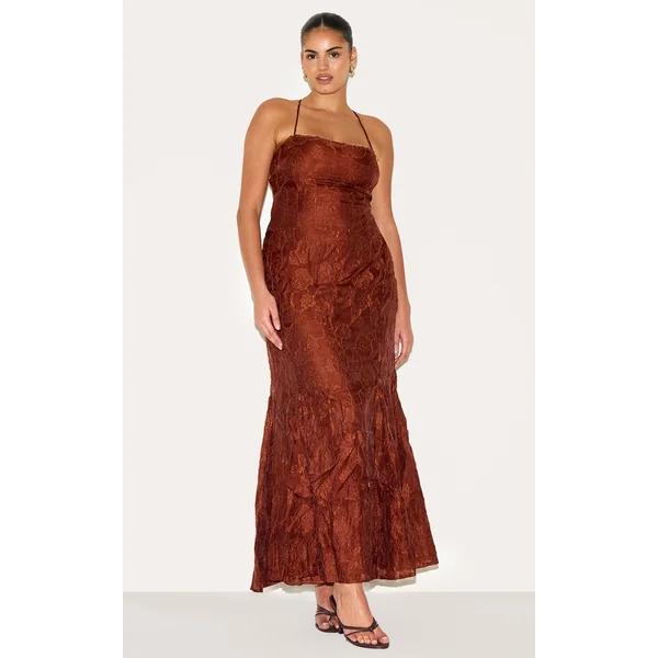 Plus Chestnut Textured Lace Up Back Maxi Dress