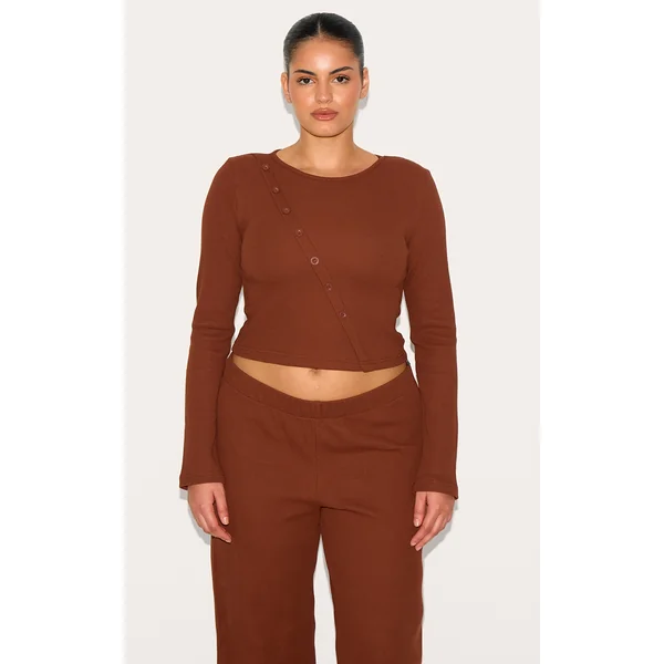 Plus Chocolate Asymmetrical Waffle Button Crop Top
