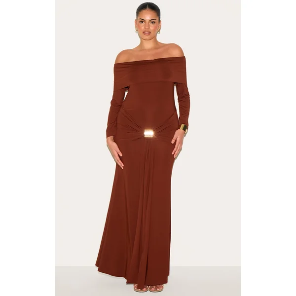 Plus Chocolate Bardot Long Sleeve Trim Drape Detail Maxi Dress