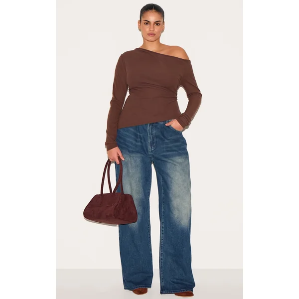 Plus Chocolate Bardot Soft Touch Rib Long Sleeve Top