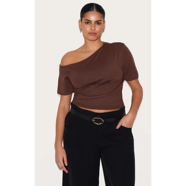 Plus Chocolate Basic Knit Asymmetric Neckline Top