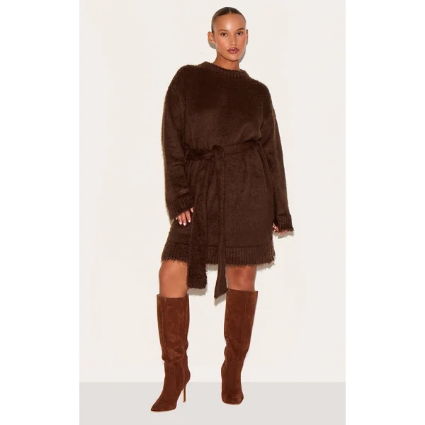 Plus Chocolate Belted Eyelash Knit Mini Dress