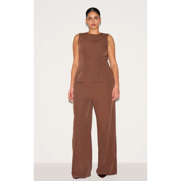 Plus Chocolate Brown High Neck Vest Straight Leg Jumpsuit